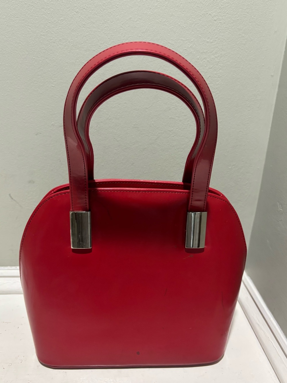 Unnamed Red Structured Shoulder Satchel Patent Leather Top-Handle Bag